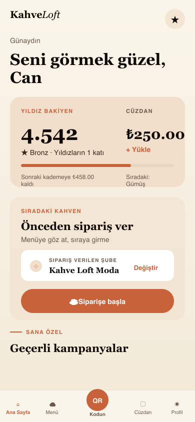 Kafenin mobil ödül uygulaması — yıldız bakiyesi, kademe ilerlemesi ve ödüller